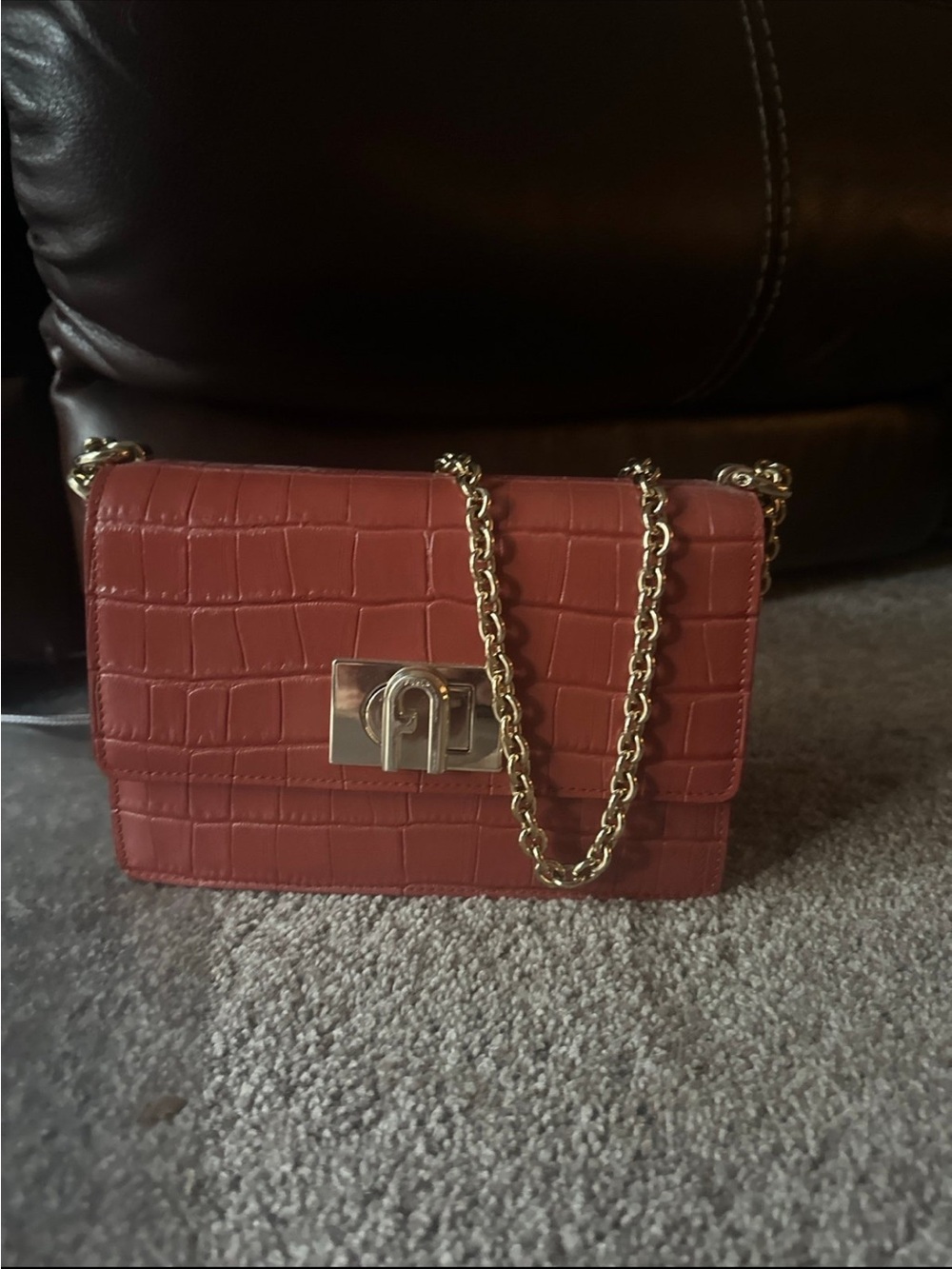 Furla Croc-Embossed Chain Crossbody in Terracotta Red